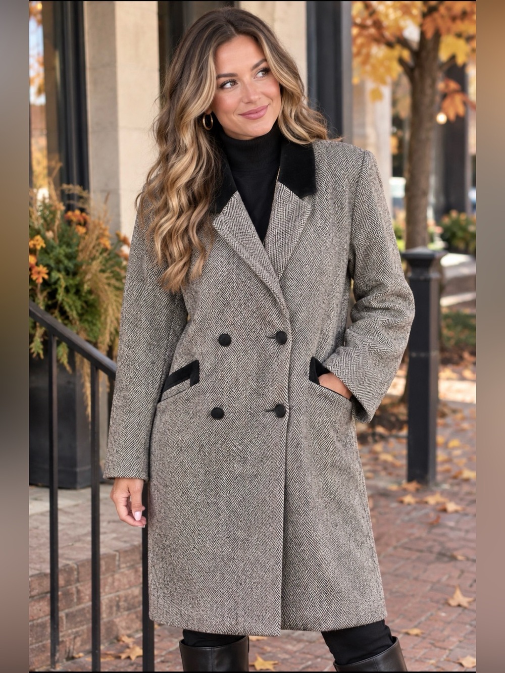 Noble Fashions Herringbone Wool Coat Velvet Trim Double Breasted Sz L Gray/Black